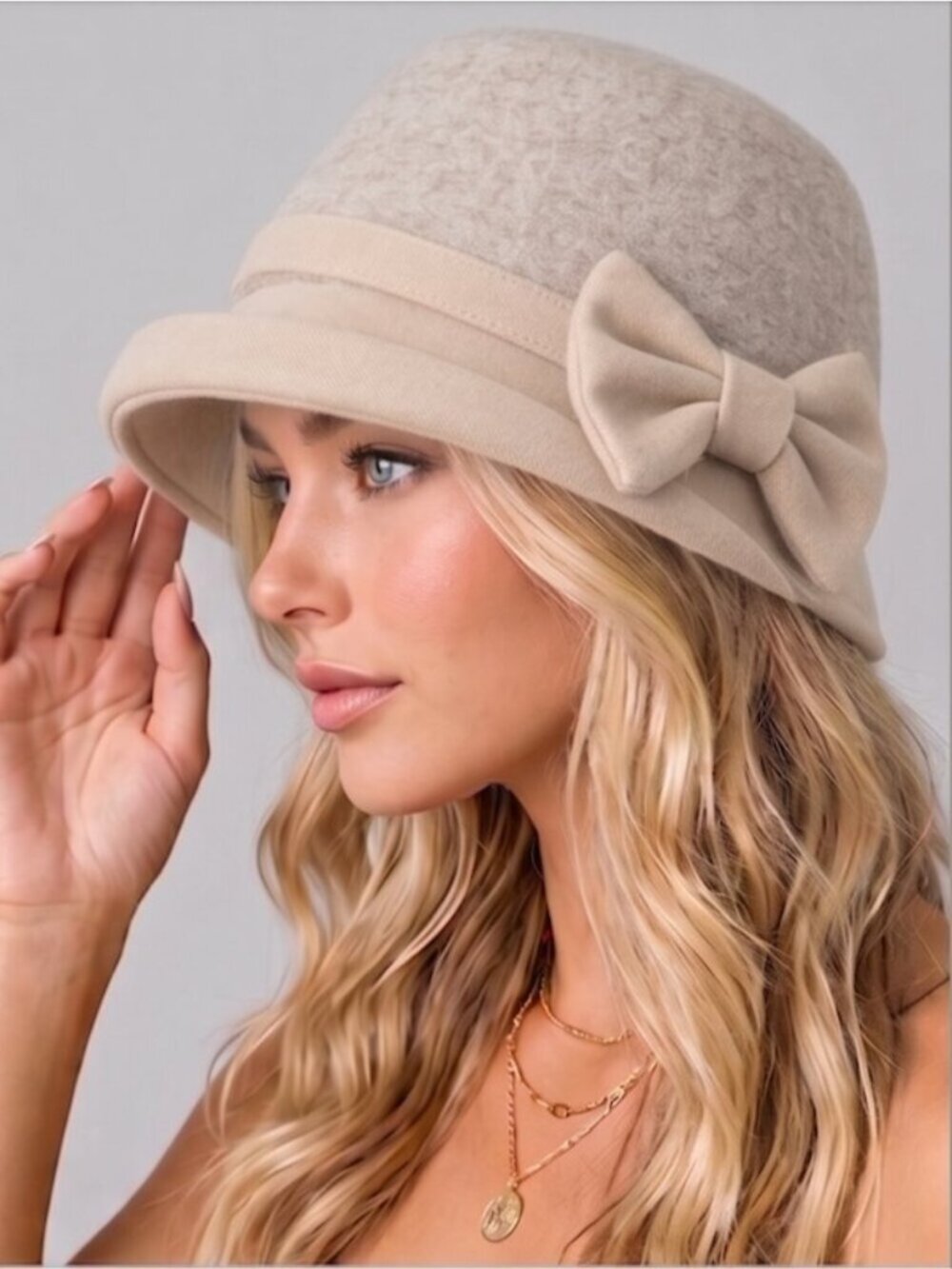 Elegant Beige Cloche Hat 1920s Downton Abbey Church Bucket Hat with Bow